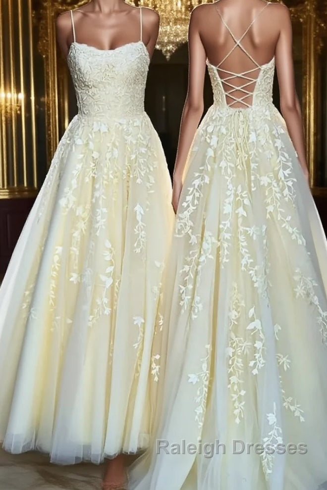 Backless Yellow Tulle Long Lace Prom Dresses, Open Back Yellow Lace Formal Evening Dresses