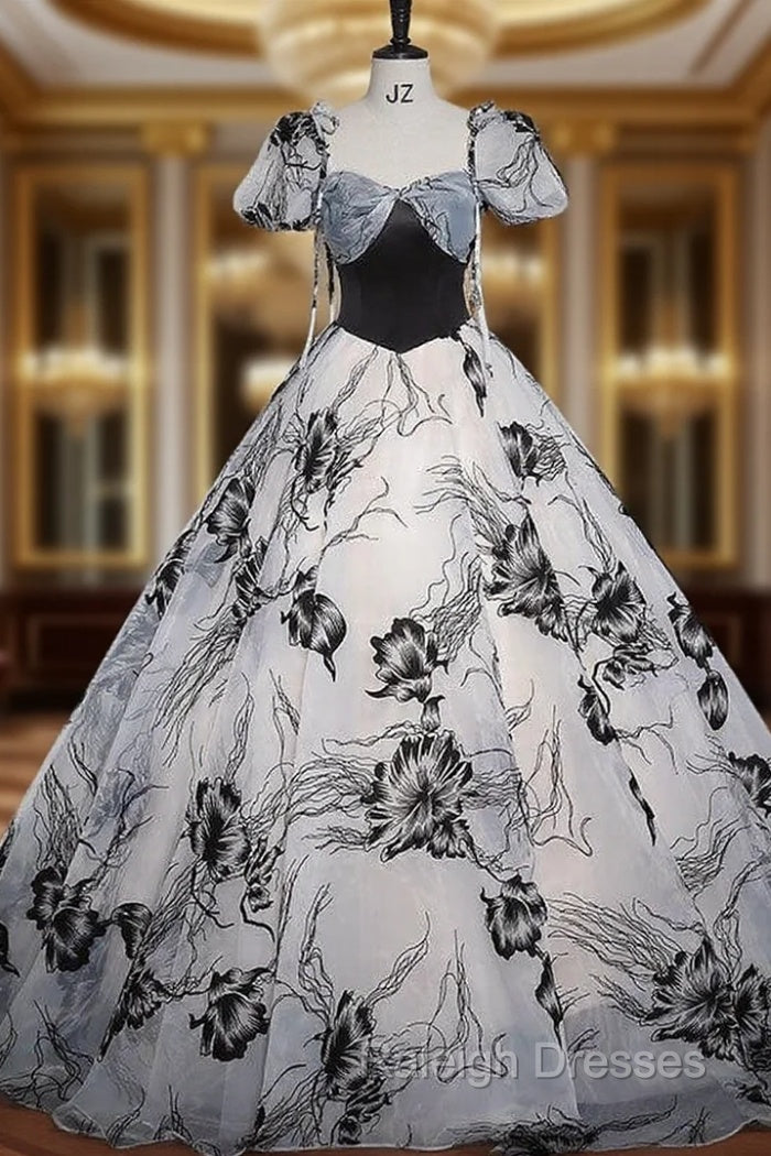 Balck Print Short Sleeve Bow Quinceanera Dress Main image