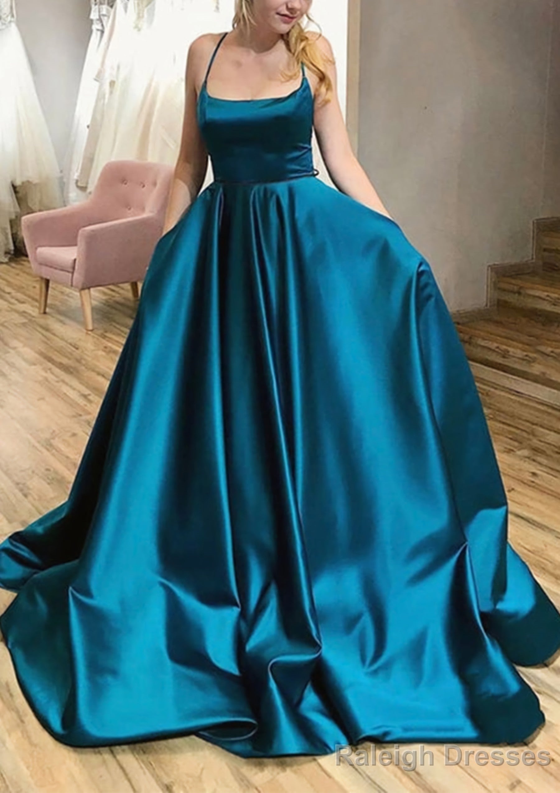 Ball Gown A-line Square Neckline Spaghetti Straps Sweep Train Satin Prom Dresses With Pleated Pockets Main image