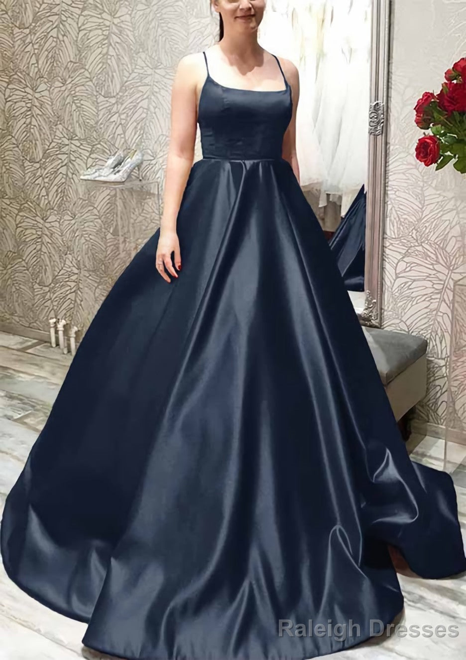 Ball Gown A-line Square Neckline Spaghetti Straps Sweep Train Satin Prom Dresses With Pleated Pockets Secondary image