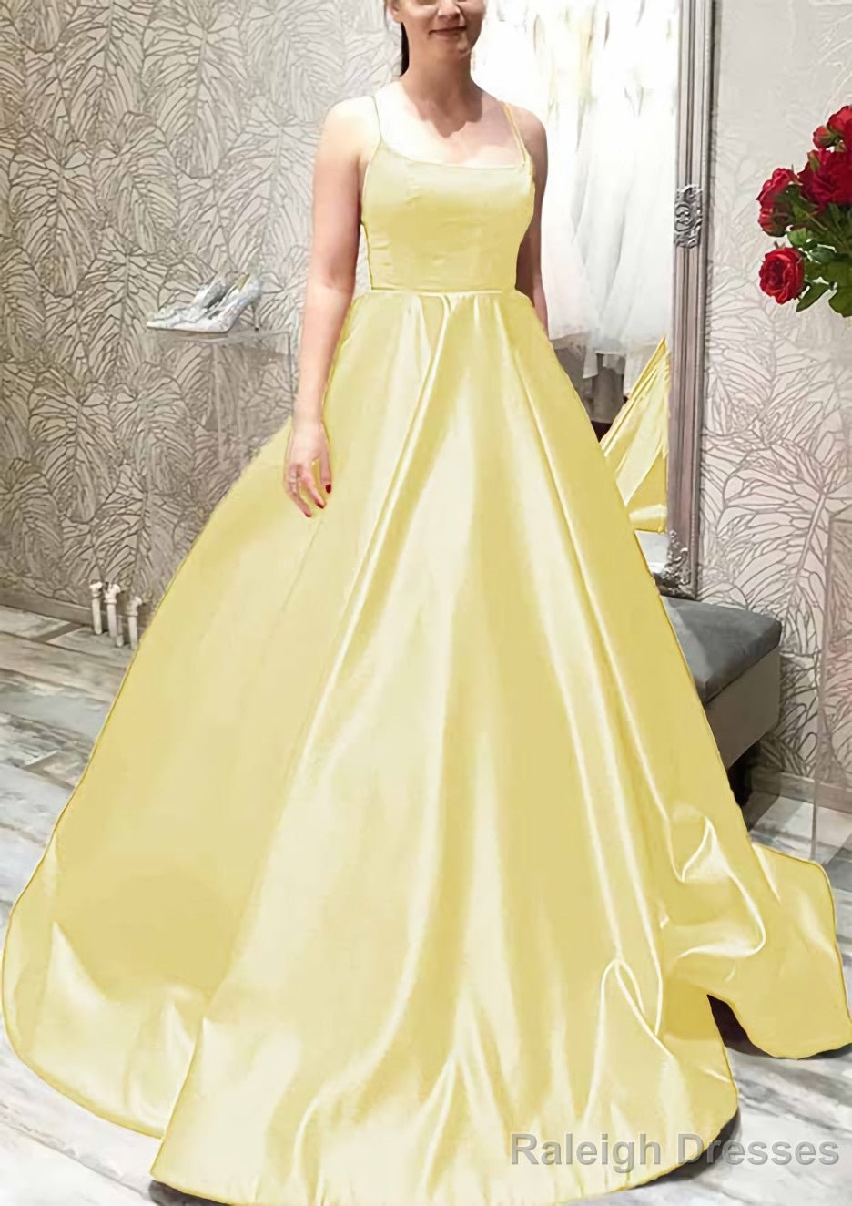 Ball Gown A-line Square Neckline Spaghetti Straps Sweep Train Satin Prom Dresses With Pleated Pockets
