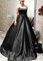 Ball Gown A-line Square Neckline Spaghetti Straps Sweep Train Satin Prom Dresses With Pleated Pockets