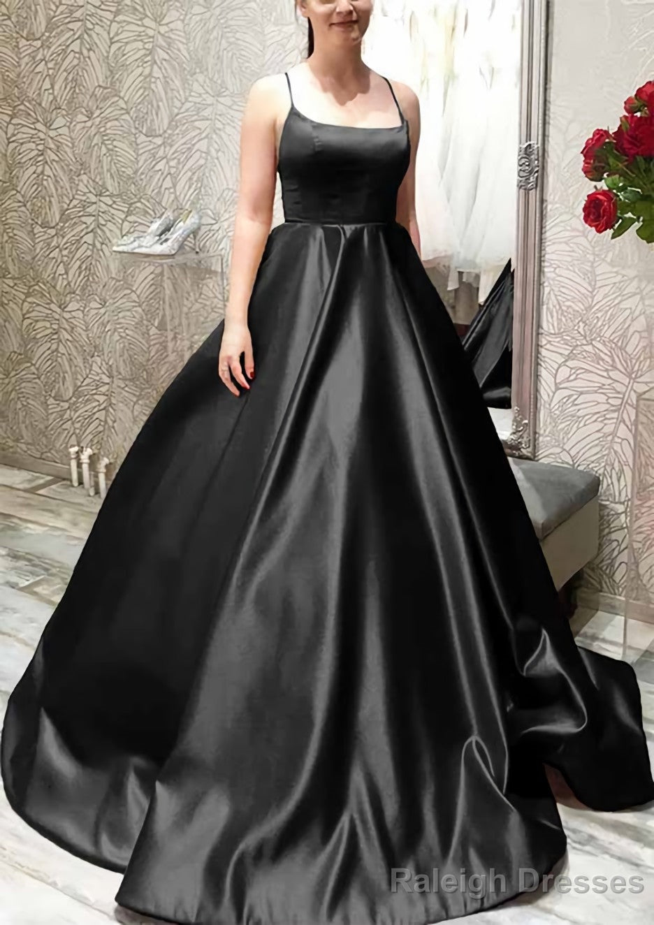 Ball Gown A-line Square Neckline Spaghetti Straps Sweep Train Satin Prom Dresses With Pleated Pockets
