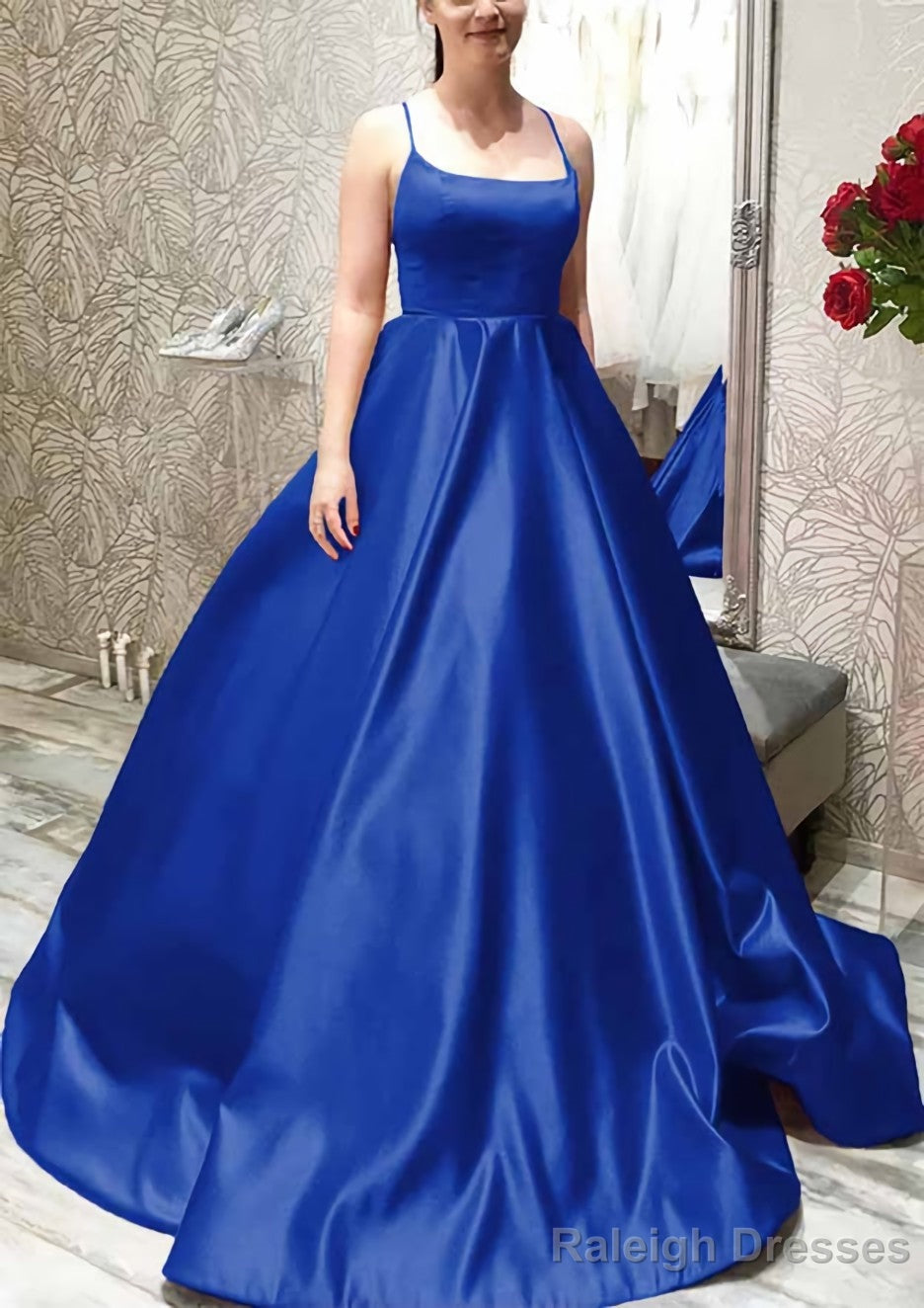 Ball Gown A-line Square Neckline Spaghetti Straps Sweep Train Satin Prom Dresses With Pleated Pockets