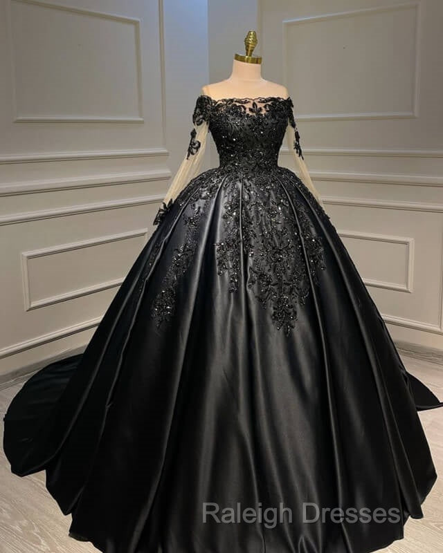 Ball Gown Appliques Long Sleeve Satin Dresses