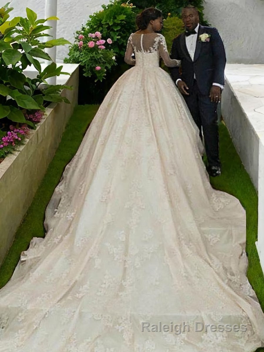 Ball Gown Bateau Sweep Train Satin Wedding Dresses With Appliques Lace Secondary image
