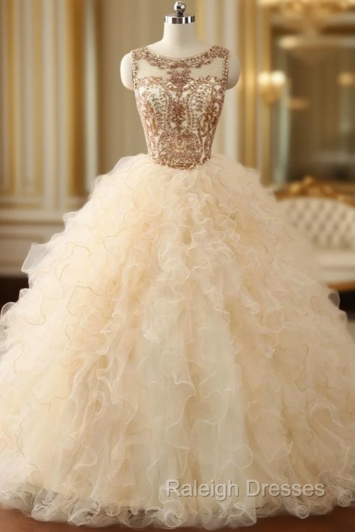 Ball Gown Beaded Long Sweet Years Party Gowns Ruffles Tulle Prom Dress