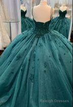 Ball Gown Beaded Quinceanera Dress Spaghetti Straps Emerald Green Quince Dress