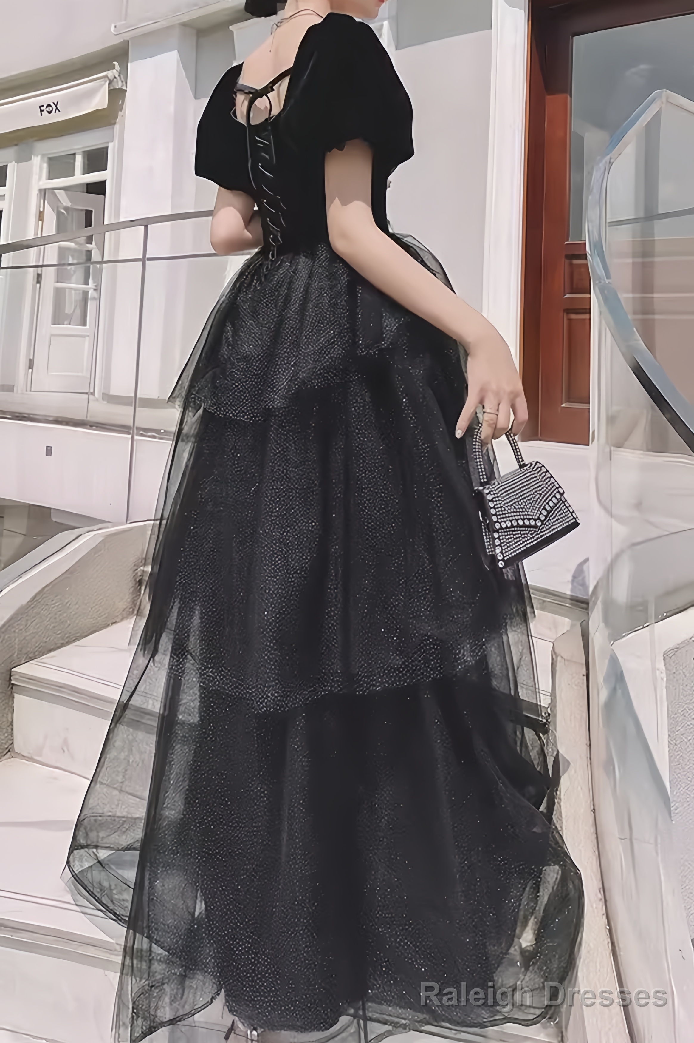 Ball Gown Black Prom Dress With Puffy Sleeves Long Prom Dresses