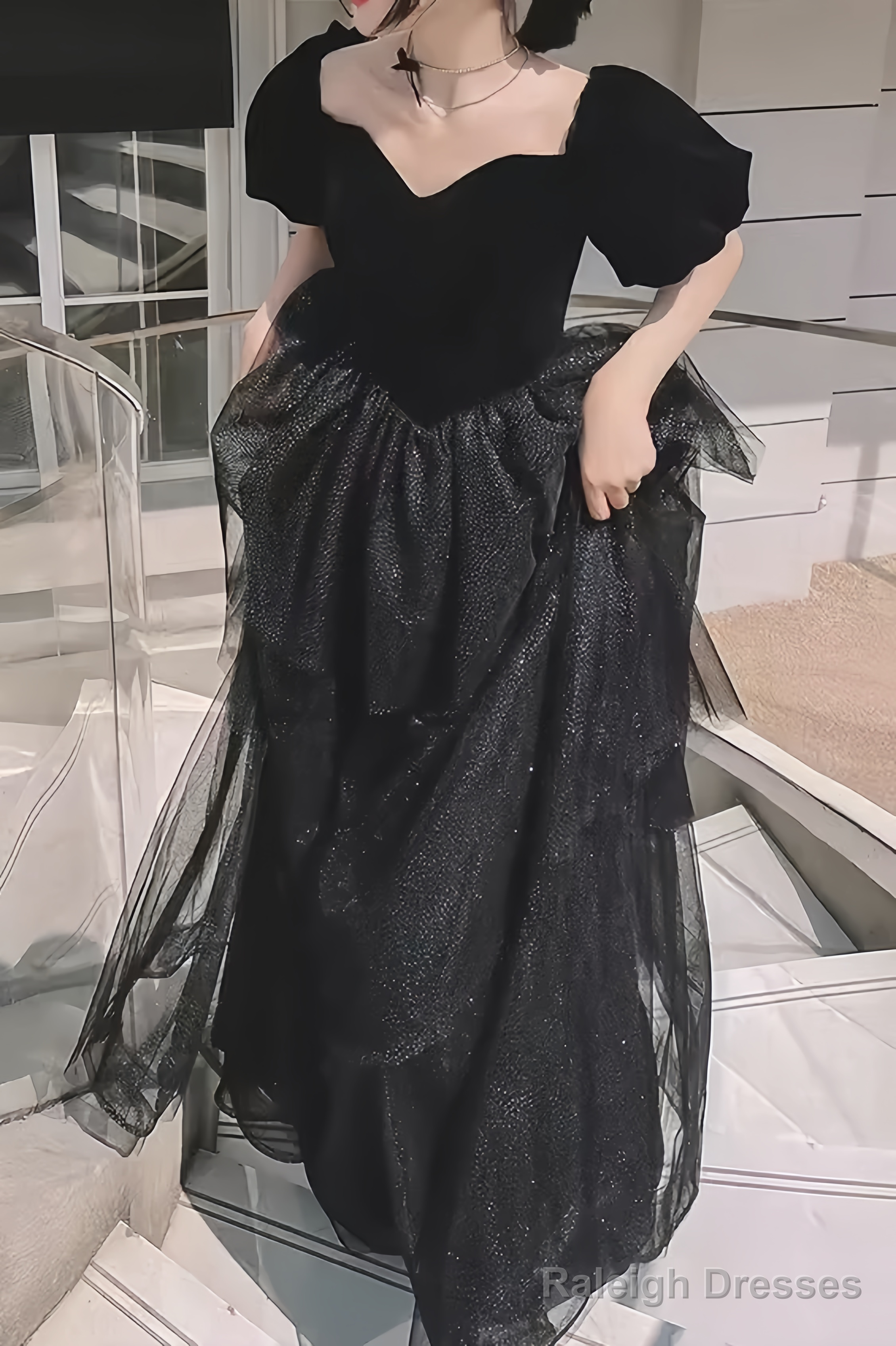 Ball Gown Black Prom Dress With Puffy Sleeves Long Prom Dresses