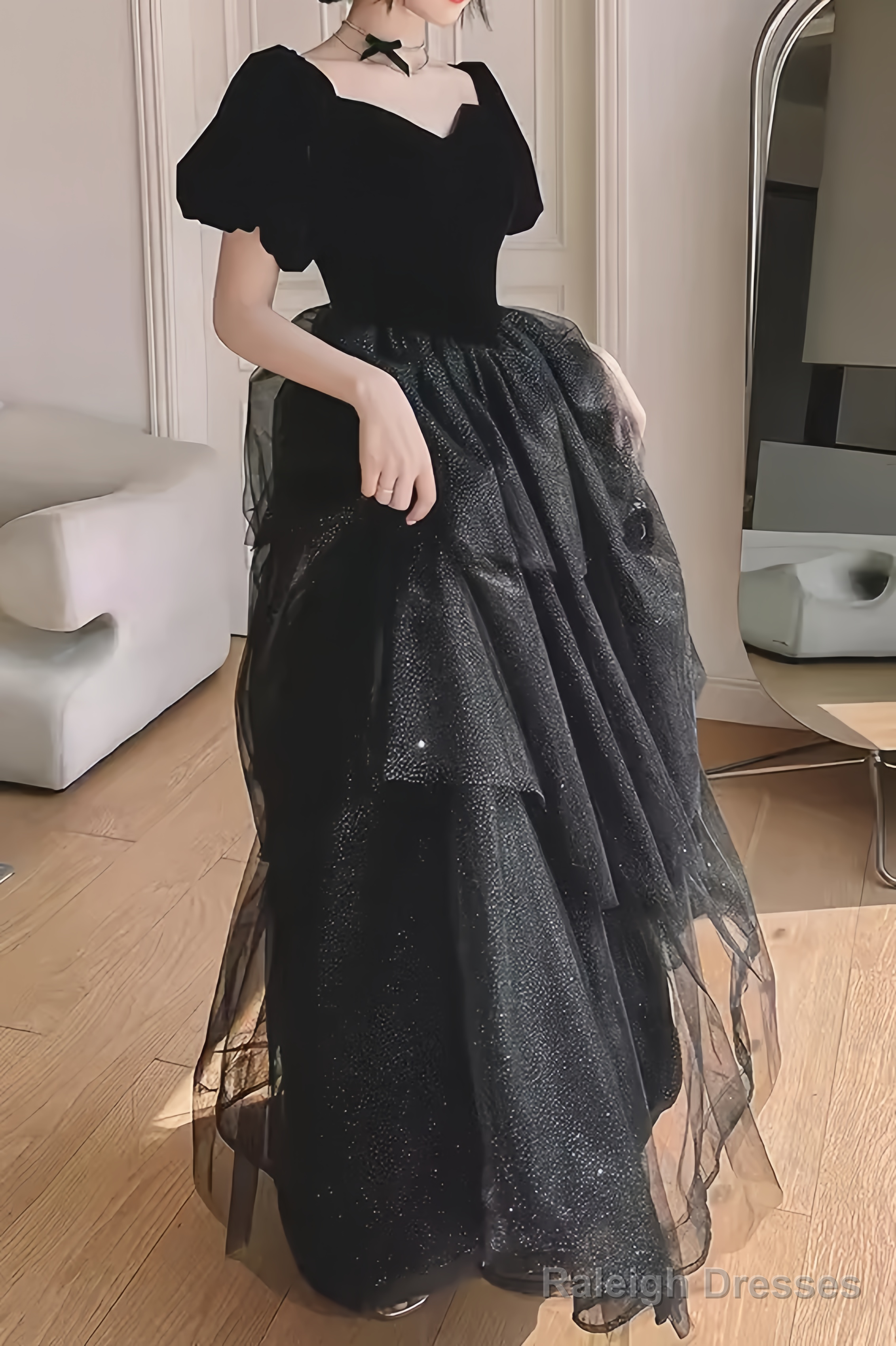 Ball Gown Black Prom Dress With Puffy Sleeves Long Prom Dresses