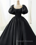 Ball Gown Black Satin Wedding Dresses Puffy Sleeves