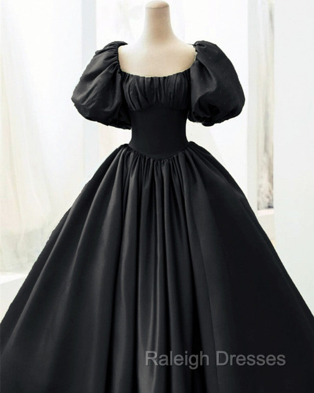 Ball Gown Black Satin Wedding Dresses Puffy Sleeves