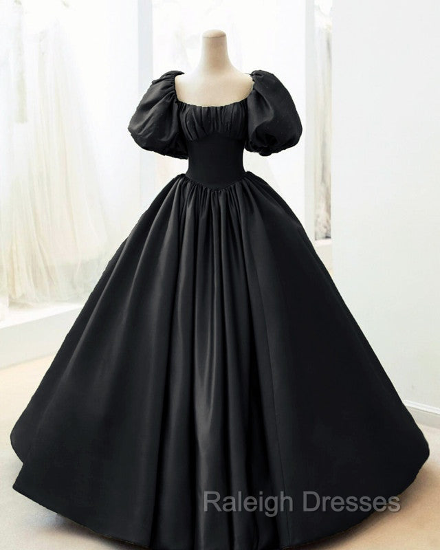 Ball Gown Black Satin Wedding Dresses Puffy Sleeves