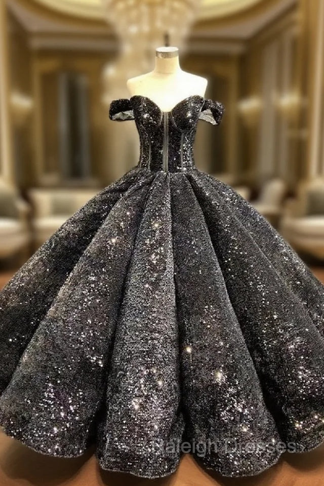 Ball Gown Black Sequins Off the Shoulder Appliques Prom Dress