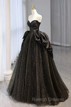 Ball Gown Black Sweetheart Neck Satin Tulle Long Prom Dress