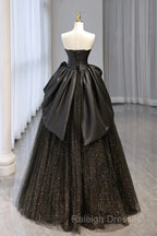 Ball Gown Black Sweetheart Neck Satin Tulle Long Prom Dress