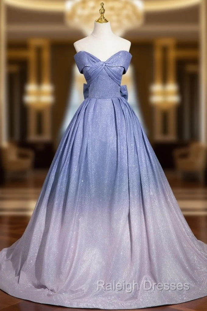 Ball Gown Blue Off the Shoulder Bow Prom Dress