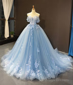 Ball Gown Blue Prom Dresses Lace Tulle Off Shoulder Evening Party Dress