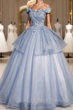 Ball Gown Blue Tulle Lace Long Party Dress, Off the Shoulder Evening Dress