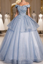 Ball Gowns Blue Tulle Lace Long Prom Dress, Off the Shoulder Prom Dress