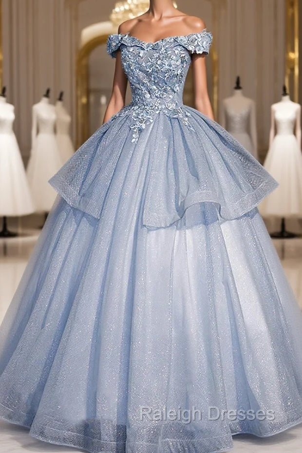 Ball Gowns Blue Tulle Lace Long Prom Dress, Off the Shoulder Prom Dress