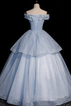 Ball Gowns Blue Tulle Lace Long Prom Dress, Off the Shoulder Prom Dress