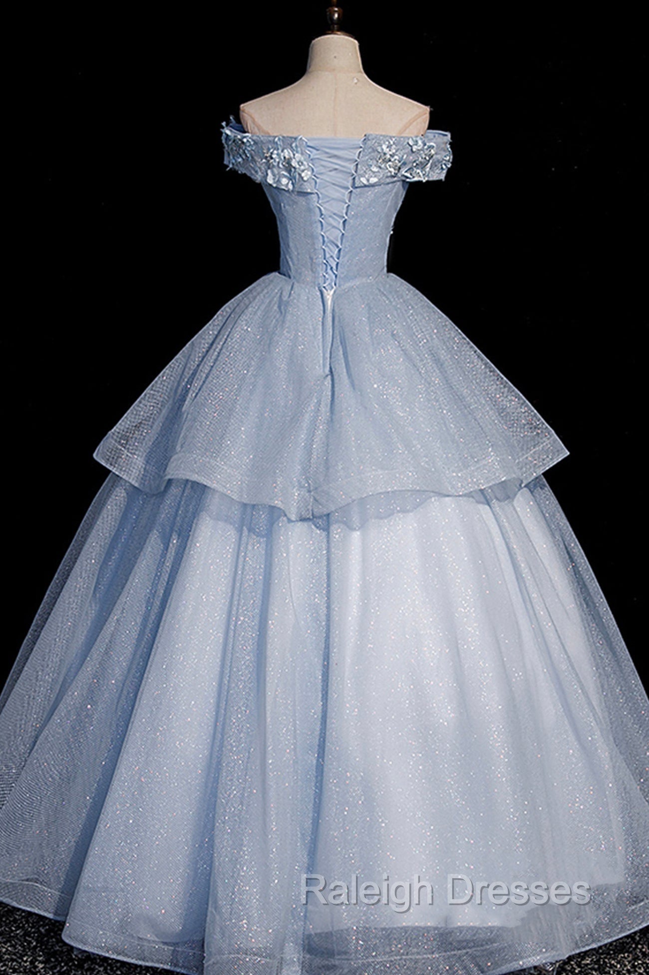 Ball Gowns Blue Tulle Lace Long Prom Dress, Off the Shoulder Prom Dress