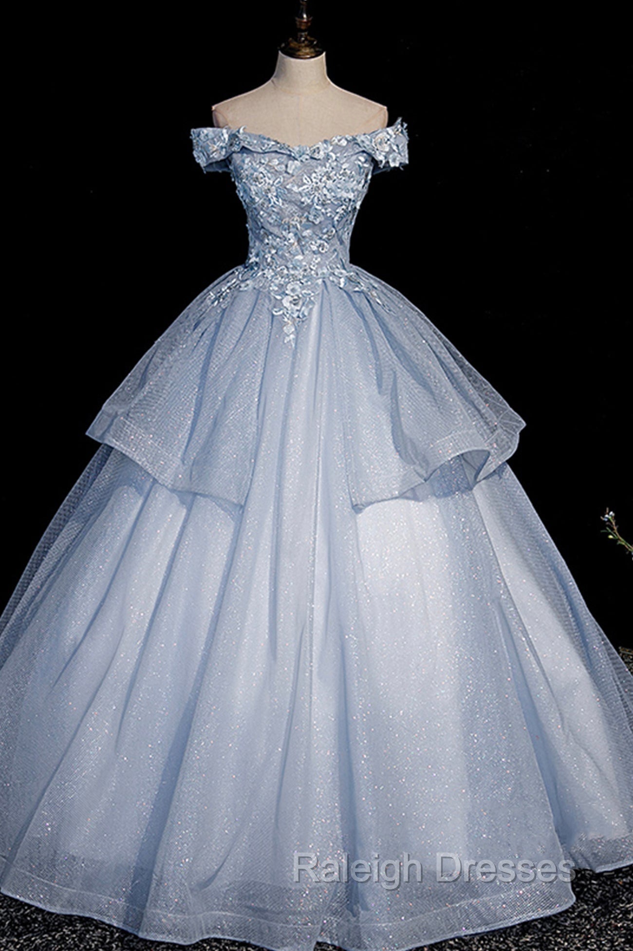 Ball Gowns Blue Tulle Lace Long Prom Dress, Off the Shoulder Prom Dress Main image