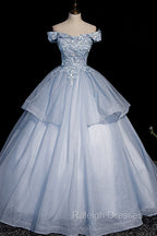 Ball Gowns Blue Tulle Lace Long Prom Dress, Off the Shoulder Prom Dress