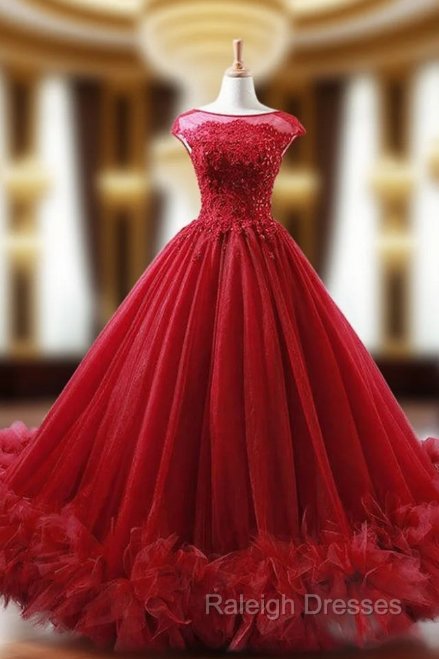 Ball Gown Burgundy Tulle Appliques Backless Wedding Dress