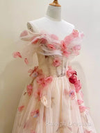 Ball Gown Champagne Floral Prom Dresses Long Prom Dress