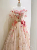 Ball Gown Champagne Floral Prom Dresses Long Prom Dress