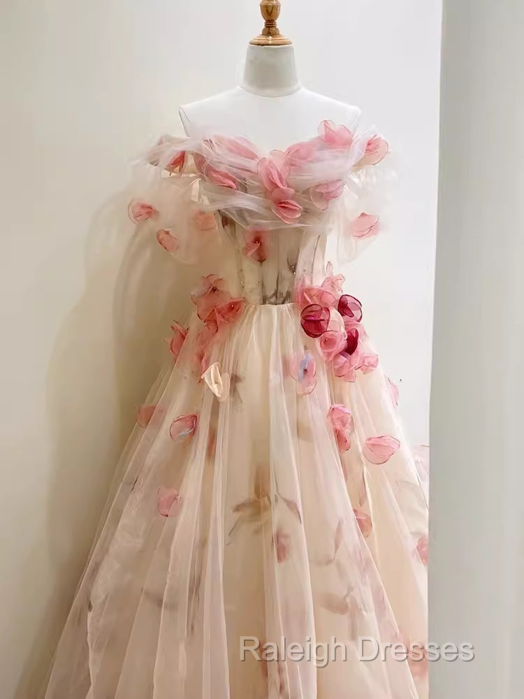 Ball Gown Champagne Floral Prom Dresses Long Prom Dress
