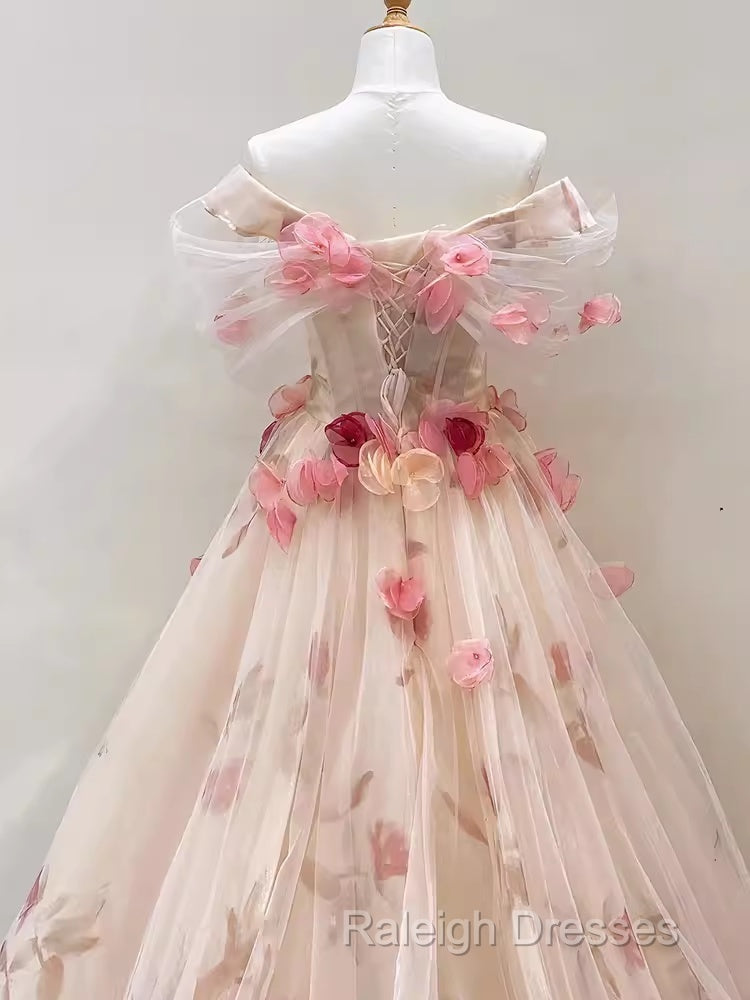 Ball Gown Champagne Floral Prom Dresses Long Prom Dress