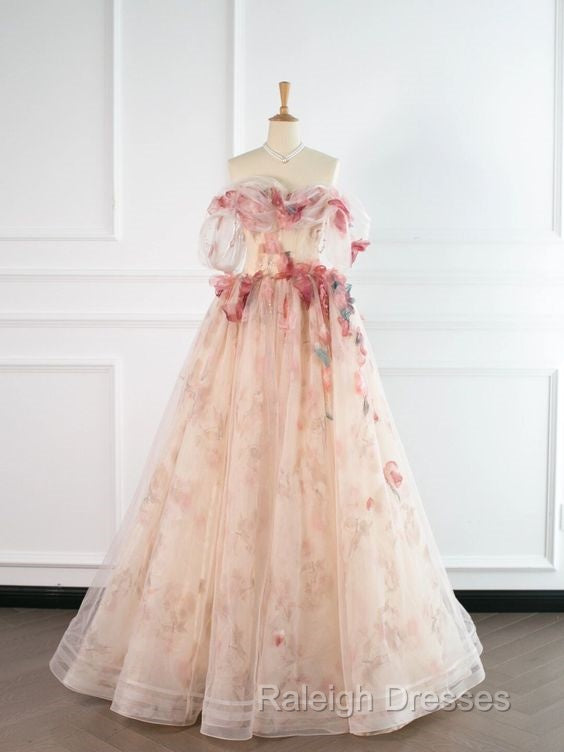 Ball Gown Champagne Tulle Floral Prom Dress
