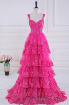 Ball Gown Corset Layered Fuchsia Prom Dresses Sweetheart Sequin