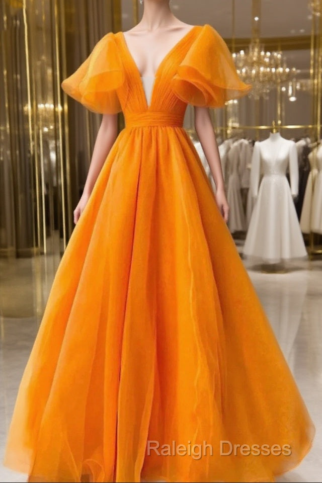 Ball Gown Evening Gown Celebrity Style Dress Wedding Party Dress Floor Length Short Sleeve V Neck Fall Wedding Guest Organza With Pleats Ruffles Main image