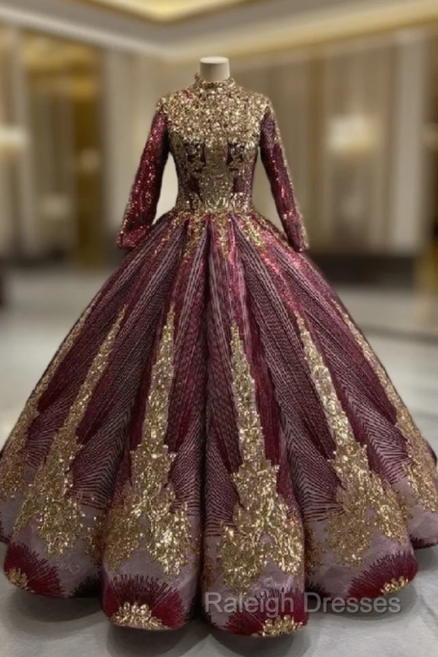 Ball Gown Gold Sequins Long Sleeve High Neck Prom Dress Main image