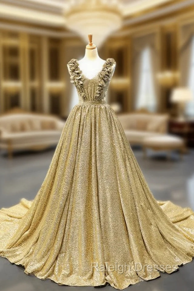Ball Gown Gold Sequins V-neck Appliques Prom Dress With Train Main image