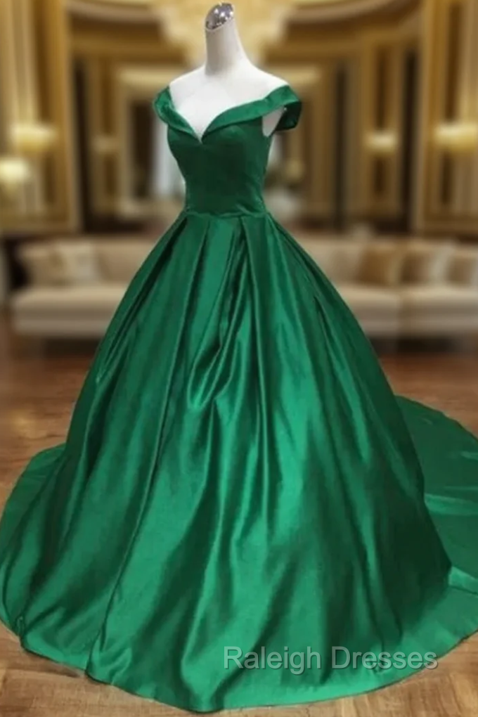 Ball Gown Green Satin Off the Shoulder Prom Dress