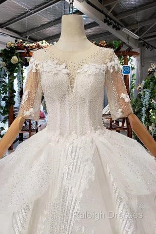 Ball Gown Half Sleeves Lace Bridal Dresses With Sequins Princess Long Wedding Dresses