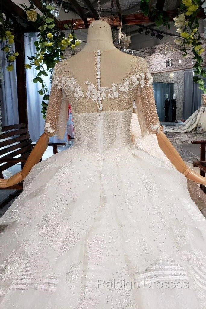 Ball Gown Half Sleeves Lace Bridal Dress With Sequins, Princess Long Wedding Dress