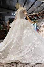 Ball Gown Half Sleeves Lace Bridal Dress With Sequins, Princess Long Wedding Dress