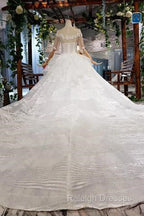 Ball Gown Half Sleeves Lace Bridal Dresses With Sequins Princess Long Wedding Dresses