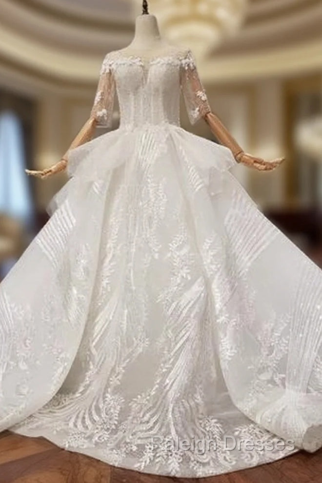 Ball Gown Half Sleeves Lace Bridal Dresses With Sequins Princess Long Wedding Dresses Main image