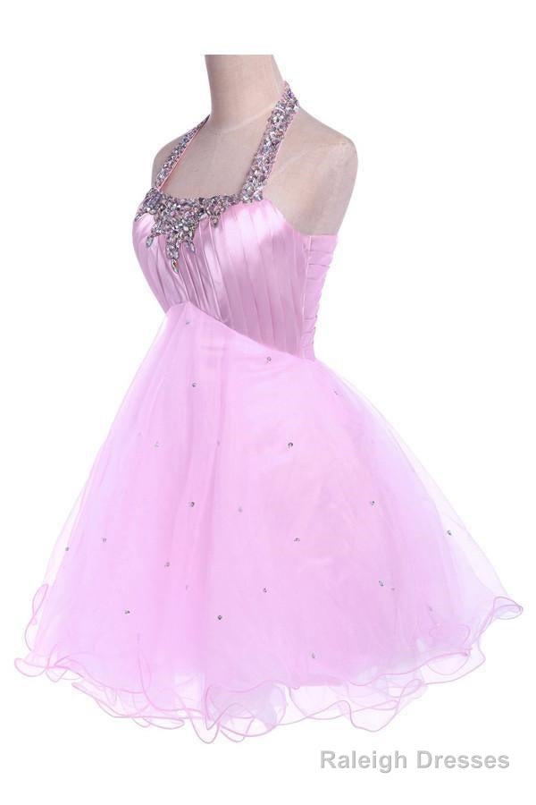 Ball Gown Halter Knee Length Satin Tulle Homecoming Dress With Beading