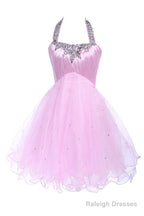 Ball Gown Halter Knee Length Satin Tulle Homecoming Dress With Beading