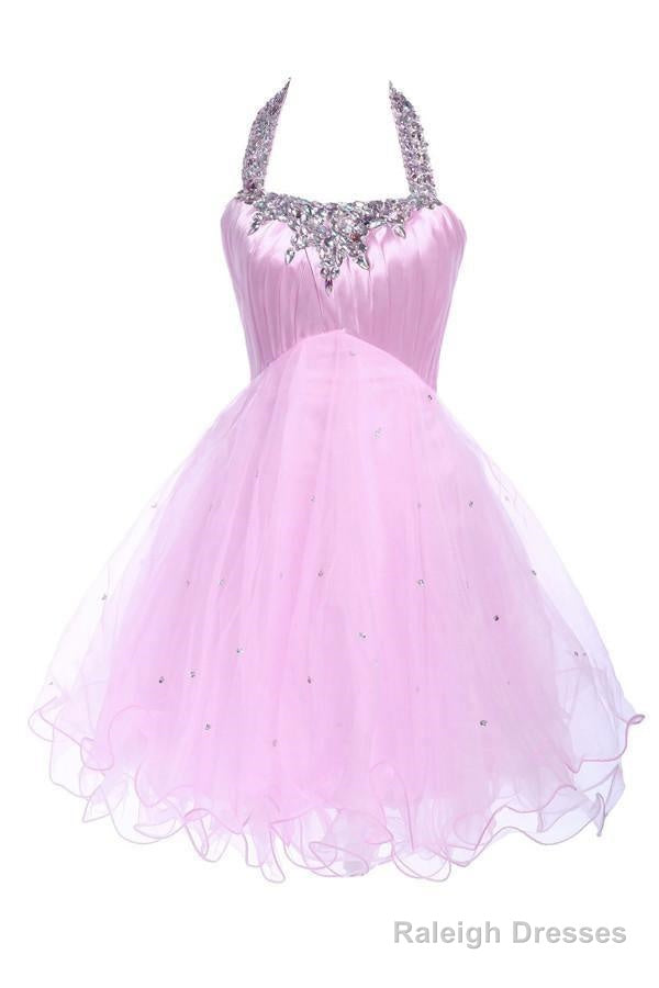 Ball Gowns Halter Knee Length Satin Tulle Homecoming Dresses With Beading Main image
