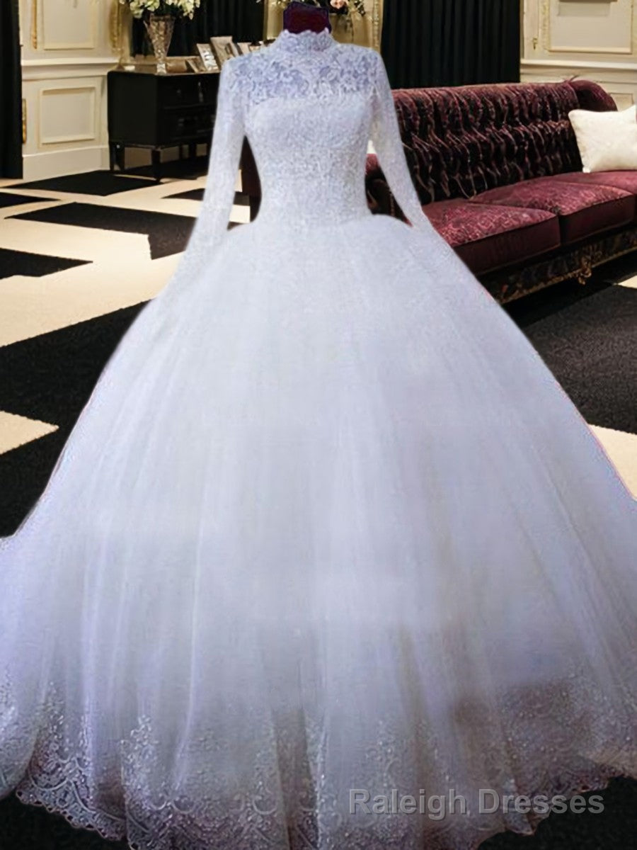 Ball-Gown High Neck Long Sleeves Lace Chapel Train Tulle Wedding Dress Main image